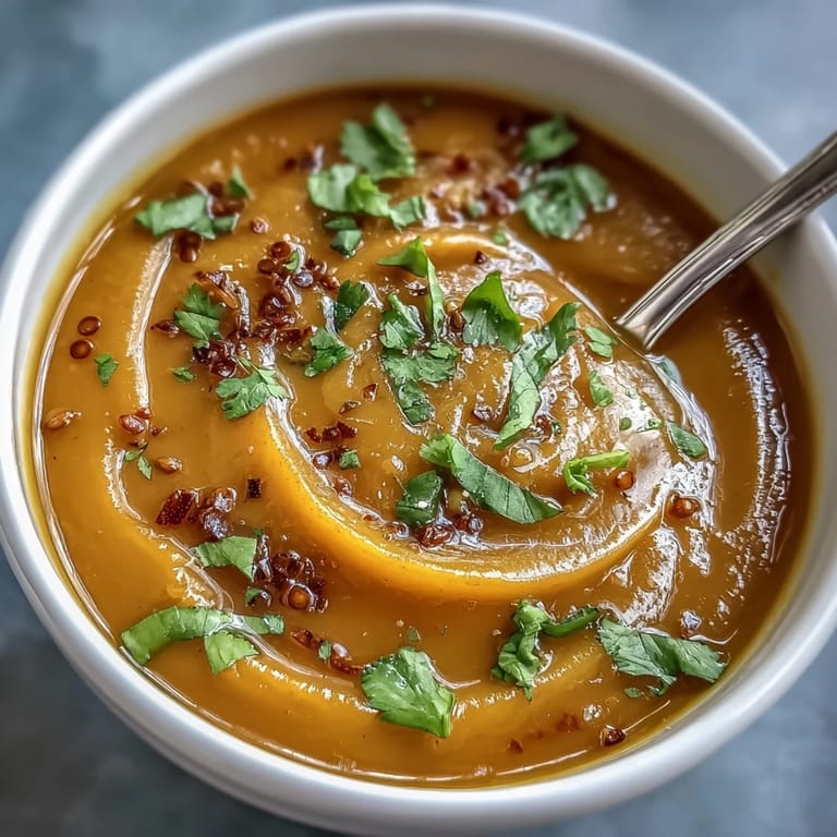 Golden roasted butternut squash and lentil soup served in a rustic mug, steam rising from the velvety, spiced surface.