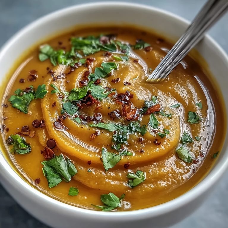 A spoon lifting a creamy portion of butternut squash and lentil soup, revealing its smooth texture and vibrant orange hue.