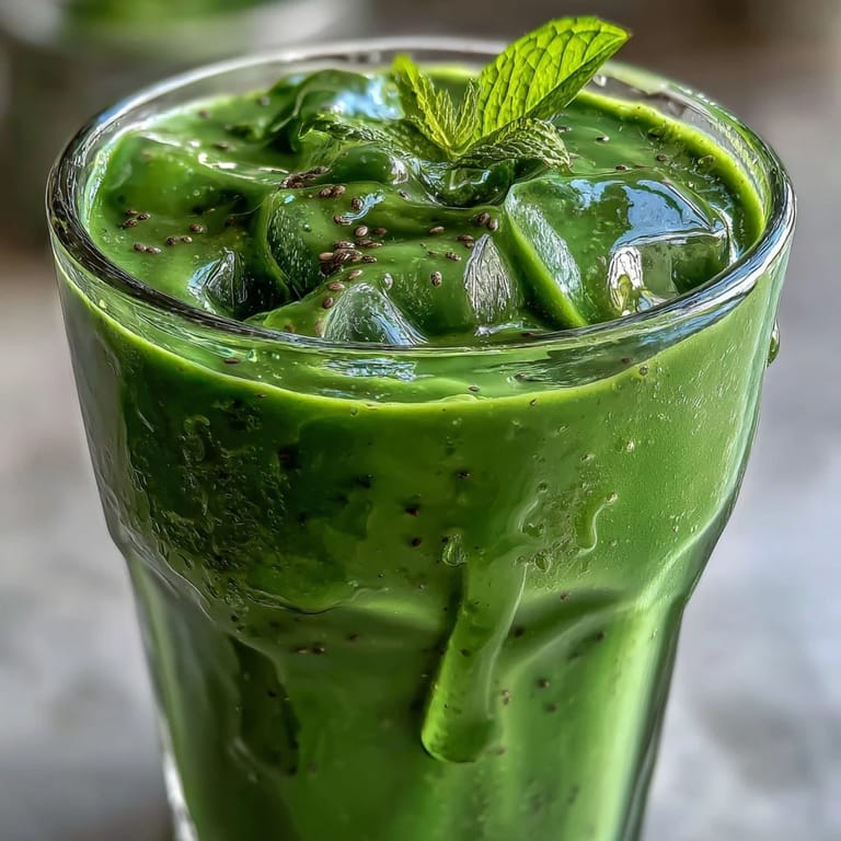 Freshly blended green detox smoothie with romaine, spinach, and apple, served over ice in a rustic kitchen setting.  