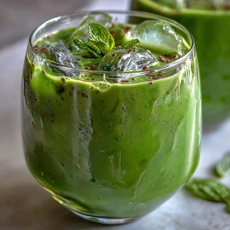 Nutrient-packed green detox smoothie in a clear glass, alongside sliced apple and lemon for a refreshing vegan beverage.