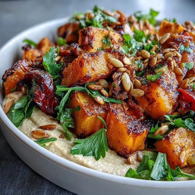 A close-up of the Roast Squash and Hummus Winter Salad shows toasted seeds and fresh parsley adding texture to the colorful roasted vegetables.