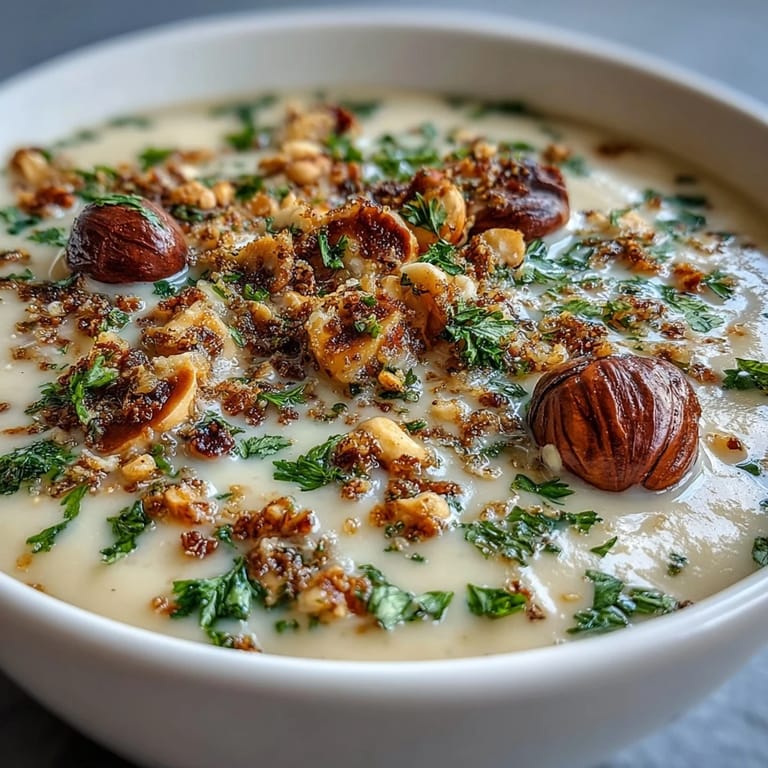 A bowl of creamy celeriac soup with hazelnut crumble, garnished with chopped nuts and parsley.
