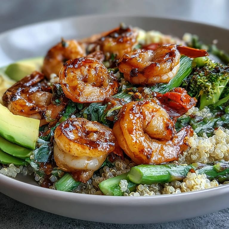 Vibrant detox Buddha bowl with shrimp and quinoa, garnished with fresh herbs and lemon for a light meal.