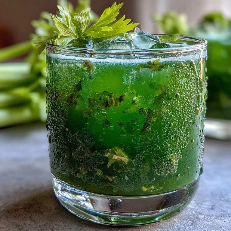 Close-up of Celery Ginger Lemon Juice in a glass, with ice cubes and a sprig of mint, highlighting its nourishing vegan blend.