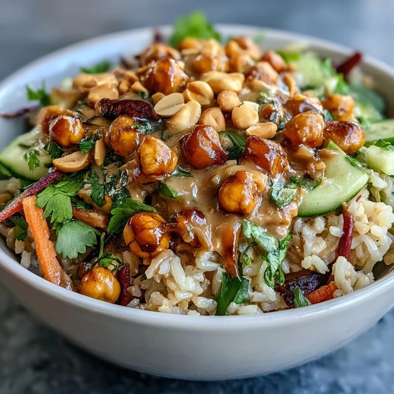 Colorful Peanut Chickpea Rice Bowl topped with crunchy peanuts, fresh cabbage, and cucumber slices ready to serve.