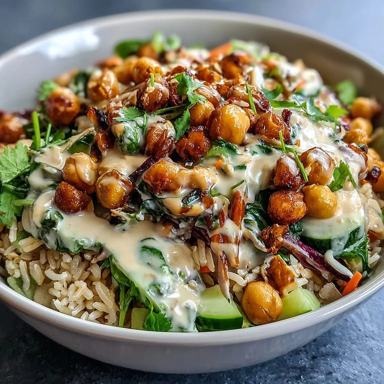 Healthy Peanut Chickpea Rice Bowl garnished with scallions and cilantro, a perfect vegan weeknight dinner idea.