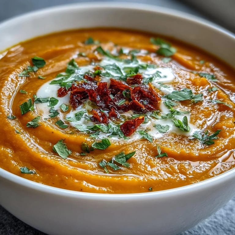 Hearty vegan Carrot, Celeriac, and Chilli Soup with a golden, spiced broth and a garnish of fresh cilantro slices.