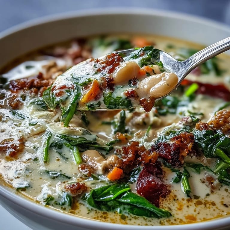 Steamy bowl of Creamy Tuscan White Bean Soup with Sausage, featuring wilted spinach and carrots in a rich broth.