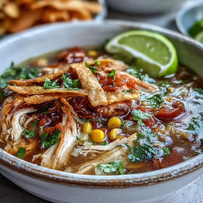 A vibrant close-up of Best Chicken Tortilla Soup with creamy avocado slices and shredded cheese melting into the broth.