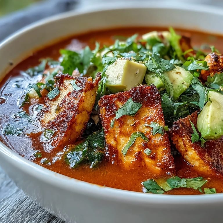 Fresh avocado and cilantro garnish a vibrant Sopa Azteca served with lime wedges.