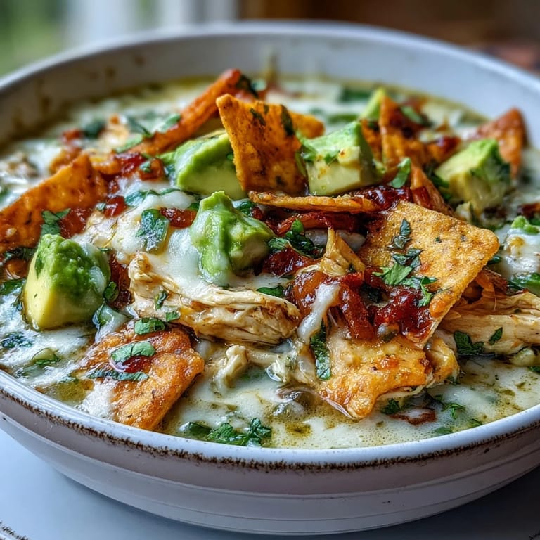 Enjoying Creamy Chicken Tortilla Soup garnished with tortilla chips, avocado, cilantro, and lime wedges on a cozy dinner table.