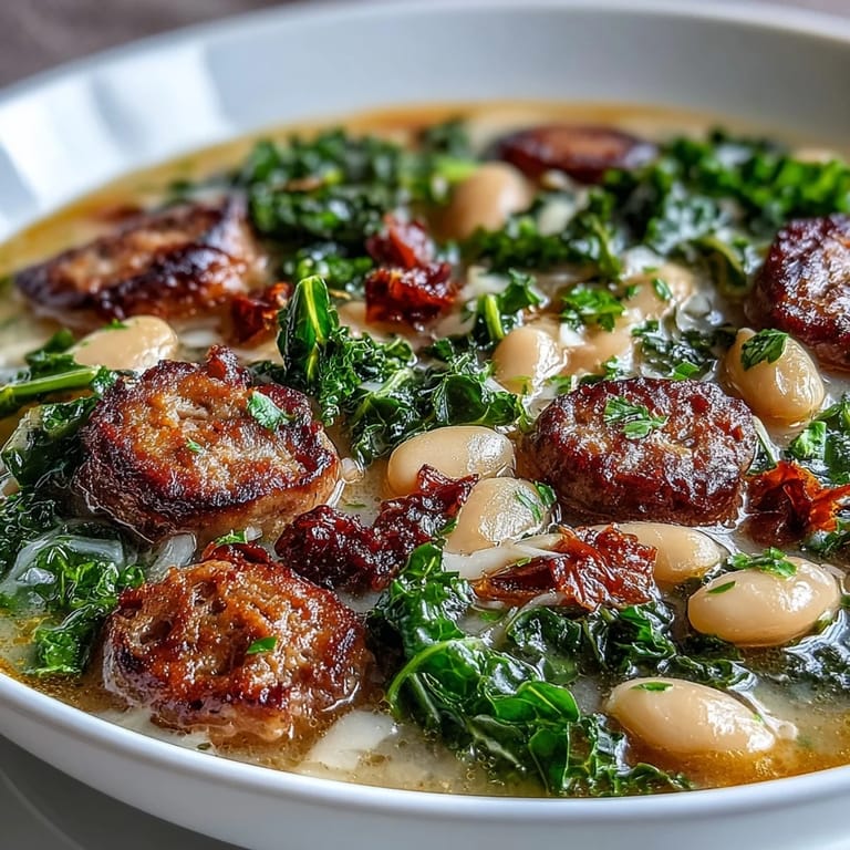 A close-up of Italian White Bean Soup with Kale and Sausage, topped with grated Parmesan and a drizzle of olive oil. 