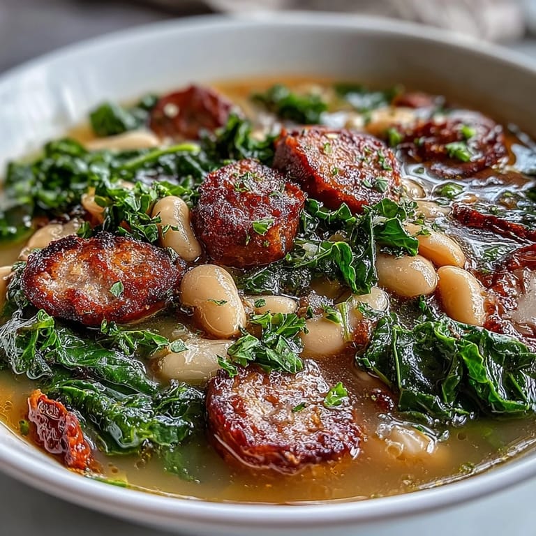 Hearty Italian White Bean Soup with Kale and Sausage served in a rustic bowl with crusty bread and fresh kale garnish.