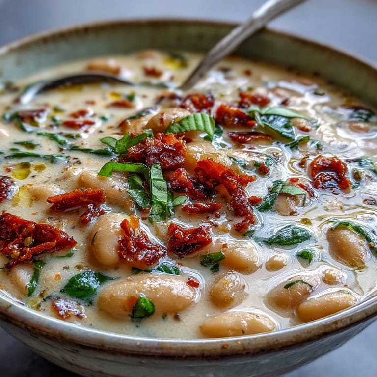 A ladle of Creamy Tuscan White Bean Soup with fresh basil and Parmesan, steaming on a wooden table.