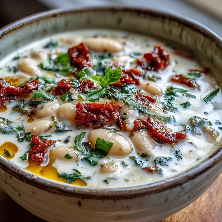 A bowl of Creamy Tuscan White Bean Soup served with crusty bread for dipping, finished with olive oil.
