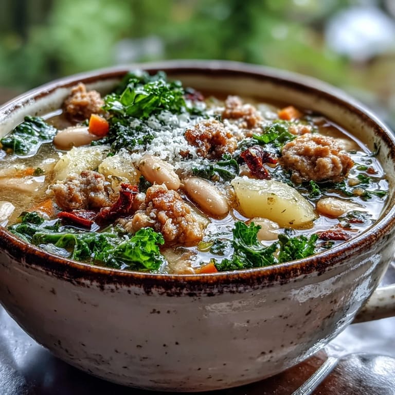 Close-up of Tuscan White Bean Sausage Soup showcasing tender kale, hearty Italian sausage crumbles, and creamy beans in a rich golden broth.