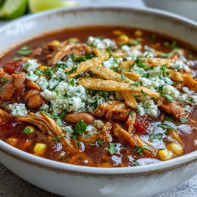 Easy homemade Chicken Tortilla Soup topped with crunchy tortilla strips, creamy avocado, and cilantro, served steaming hot in a rustic bowl.