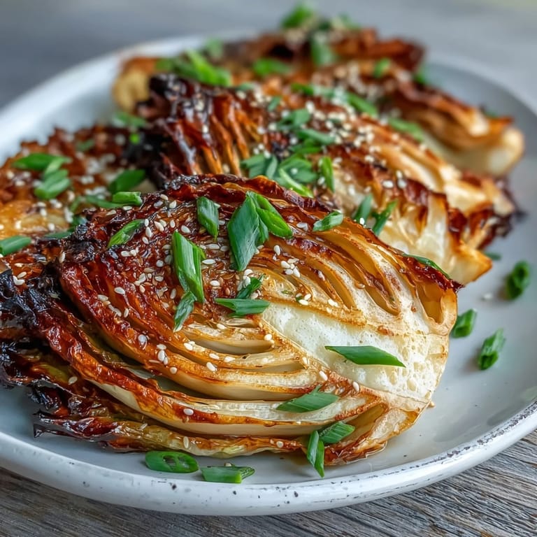 Charred Miso Butter Roasted Cabbage Wedges drizzled with savory butter glaze on a serving platter.