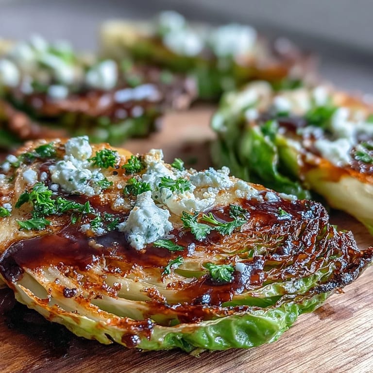 Savory Crispy Cabbage Steaks With Feta and Balsamic served warm as a vegetarian side dish, garnished with fresh herbs.