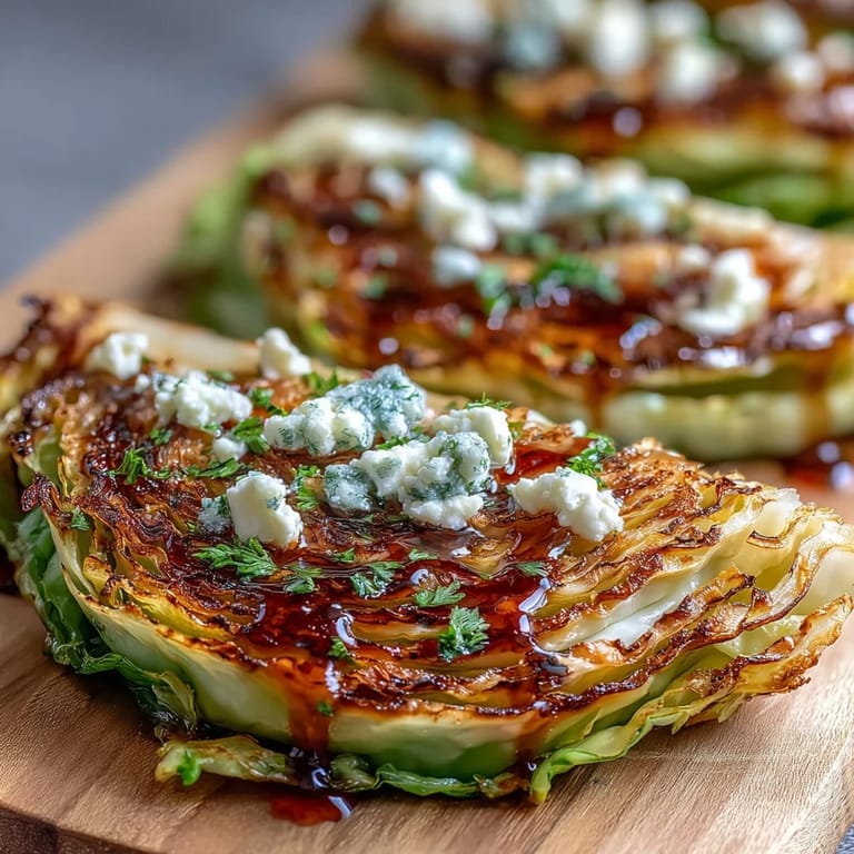 Oven-roasted Crispy Cabbage Steaks With Feta and Balsamic, crispy-edged wedges topped with tangy balsamic glaze on a white plate.