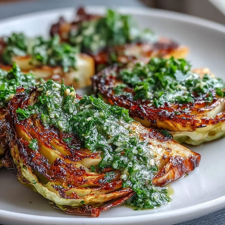 Vegan, gluten-free Cabbage Steaks With Jalapeño Chimichurri plated with a fresh herb garnish.