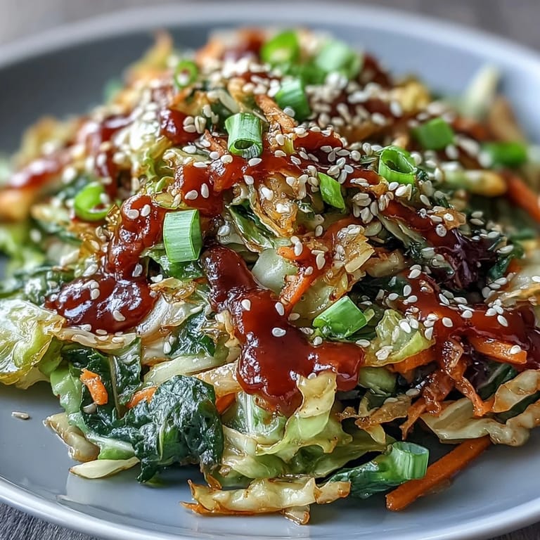Close-up of Hot and Sour Cabbage, highlighting crisp, wilted green leaves coated in a glossy, tangy, and spicy sauce.
