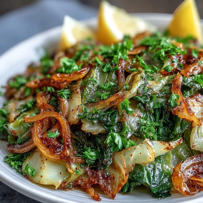 A close-up of tender sautéed cabbage with garlic and Mediterranean spices, featuring vibrant red onion and paprika in a pan.