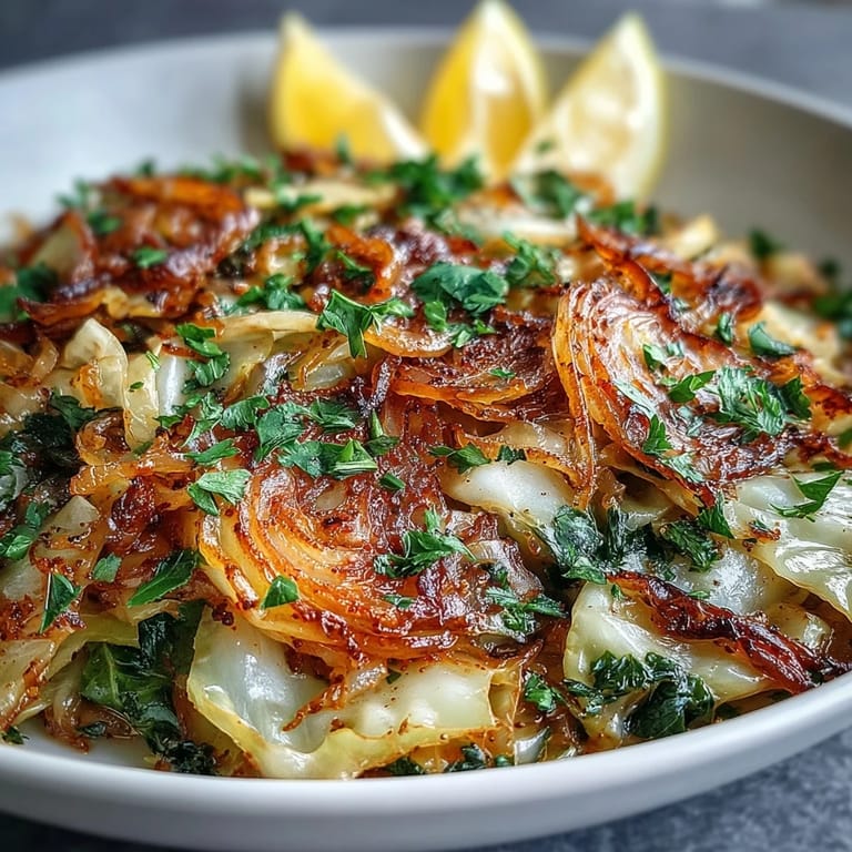 Golden-edged sautéed cabbage with garlic and Mediterranean spices served in a white bowl, perfect alongside grilled chicken.