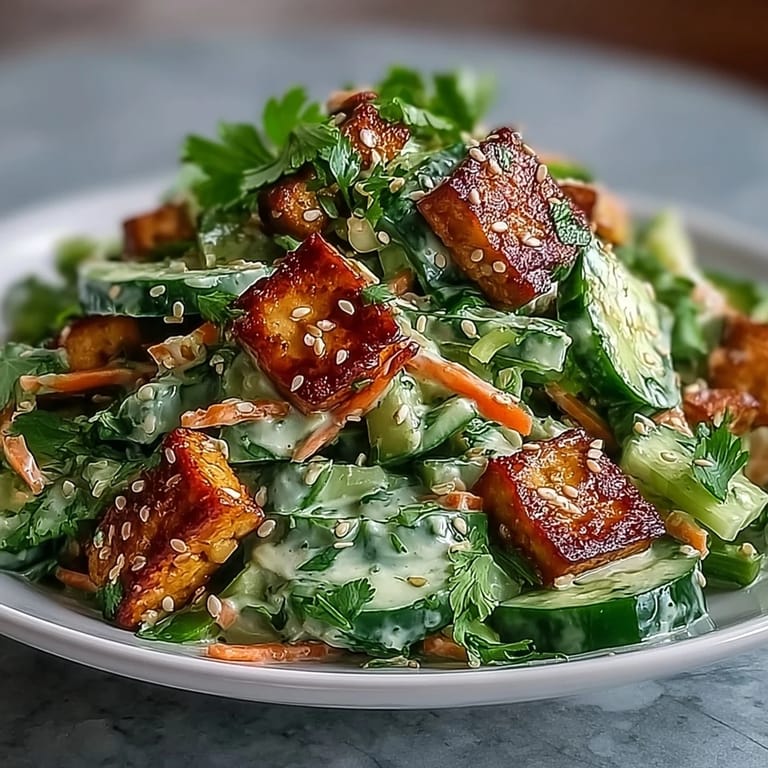A spoon serves up a colorful bowl of the Creamy Asian Cucumber Salad with Crispy Tofu, highlighting golden tofu, greens, and a rich dressing.