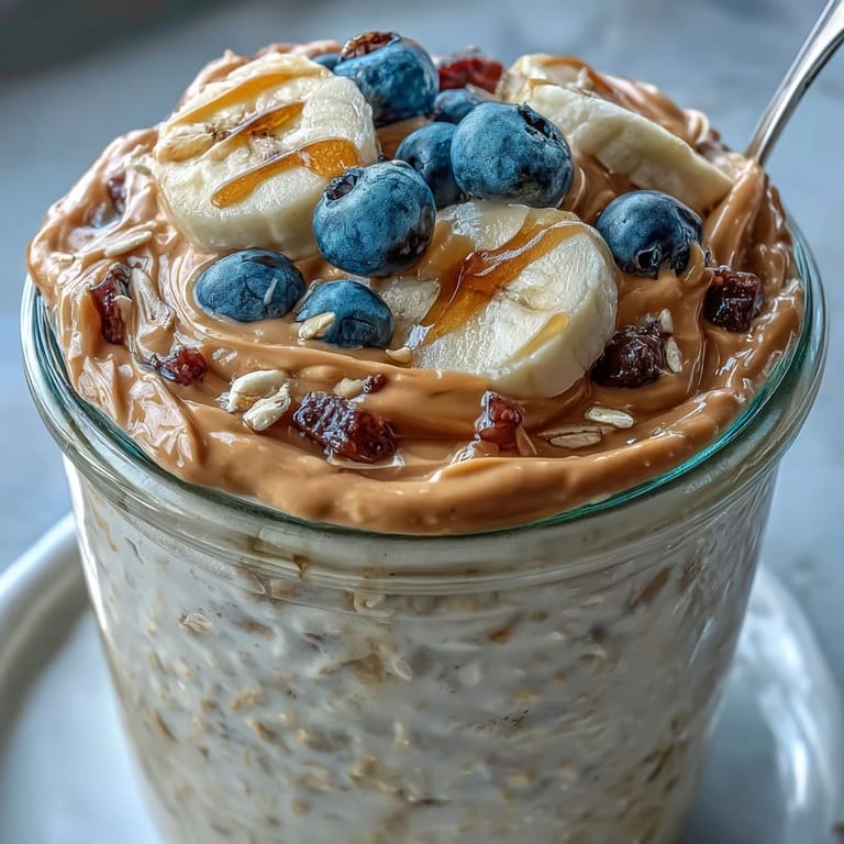 High-Protein Peanut Butter Overnight Oats garnished with a drizzle of honey and chia seeds, a rich and satisfying morning meal for busy days.