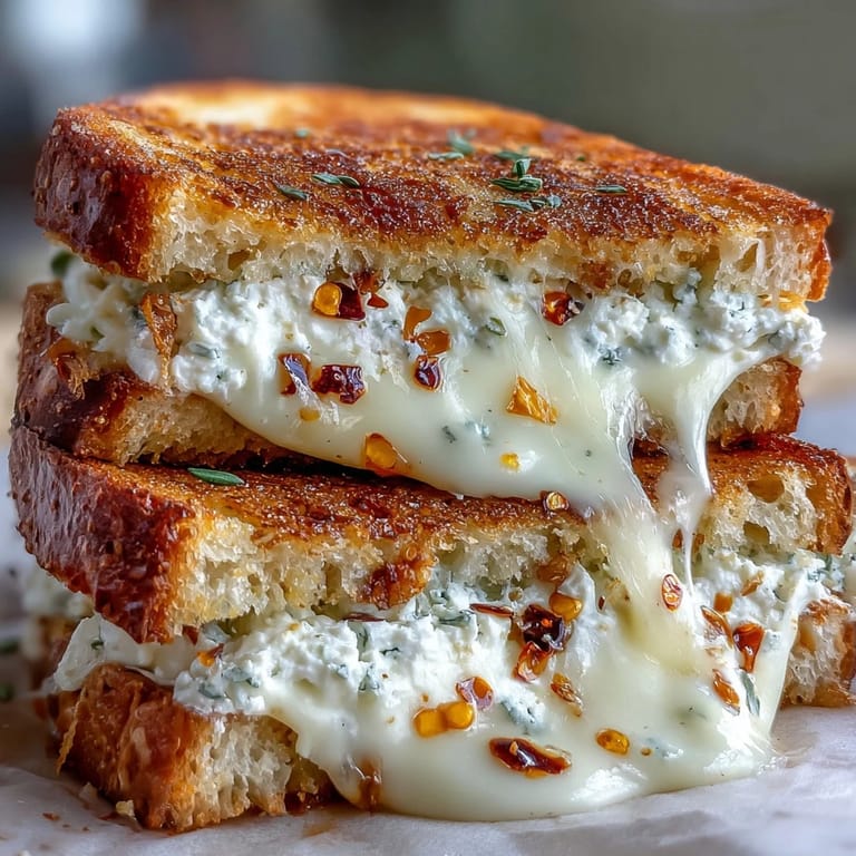Homemade goat cheese grilled cheese on sourdough, featuring creamy chèvre, sweet honey, and spicy chili flakes on golden toast.
