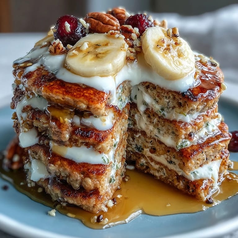 Overhead view of a Protein Pancake Bowl layered with fluffy pancake pieces, nut butter drizzle, and granola clusters.