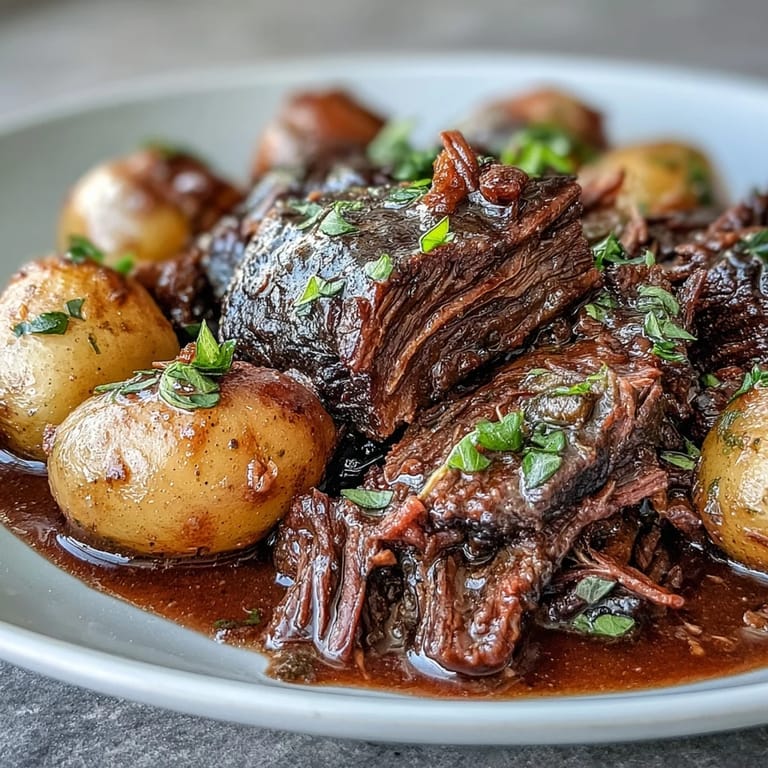 Sliced beef pot roast revealing juicy, tender layers, served alongside carrots and potatoes for a comforting meal.