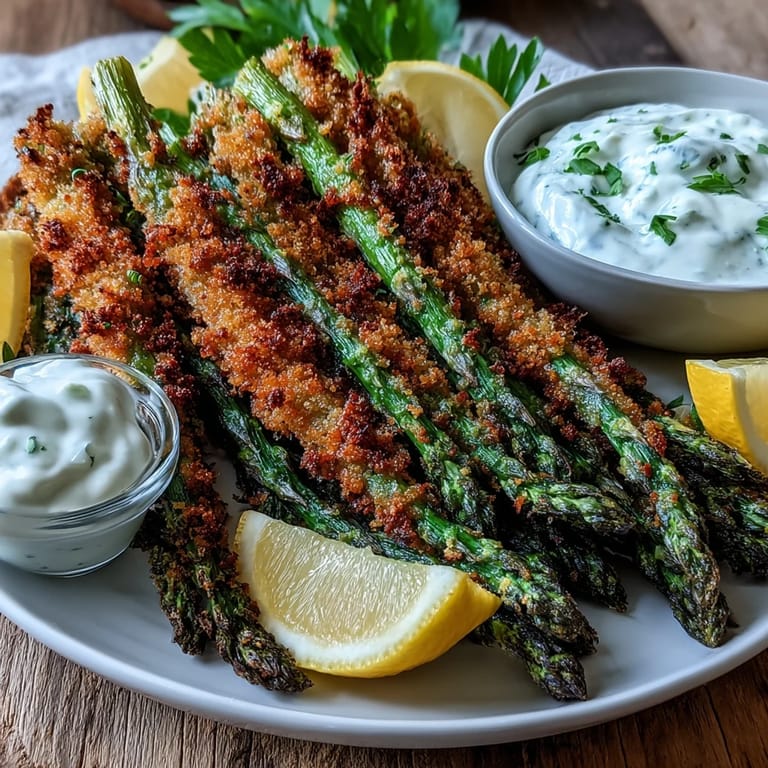 Tender Crispy Asparagus Asiago Spears on a plate with dipping sauce and fresh lemon.