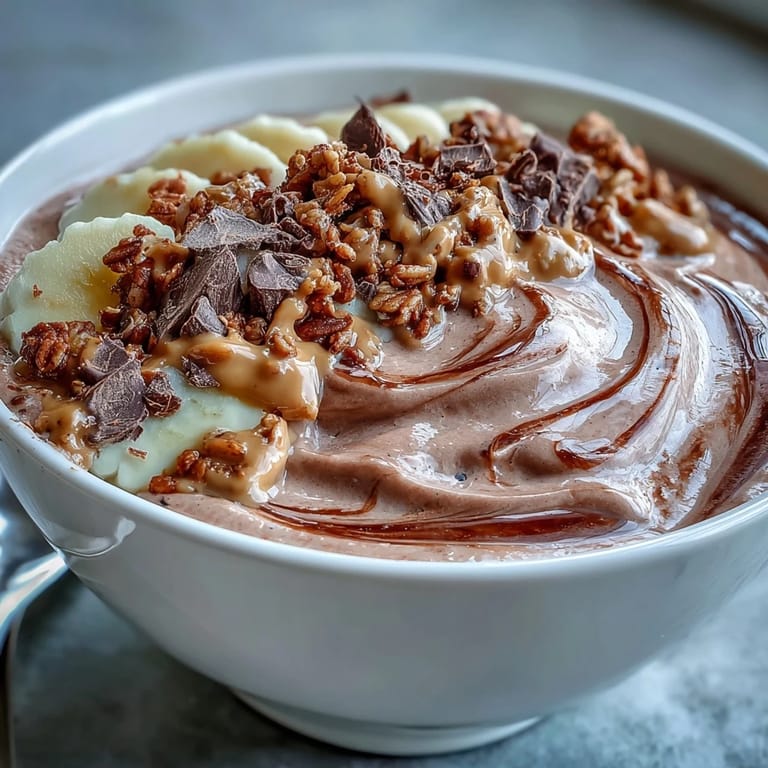 Close-up of a spoon dipping into a Chocolate Peanut Butter Smoothie Bowl, revealing a velvety cocoa and peanut butter base.