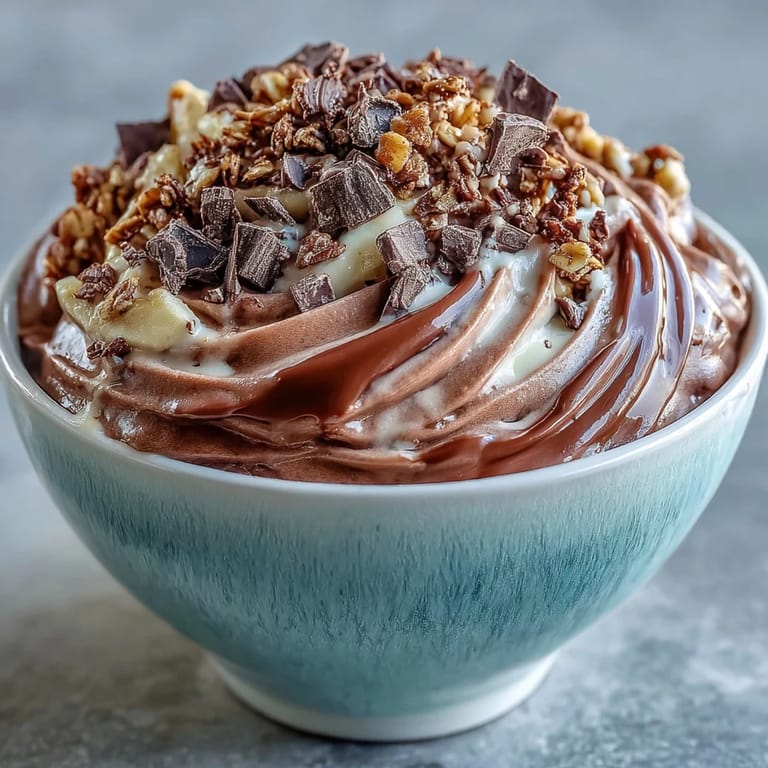 Thick Chocolate Peanut Butter Smoothie Bowl in a white bowl, garnished with banana slices, chopped dark chocolate, and crunchy granola.