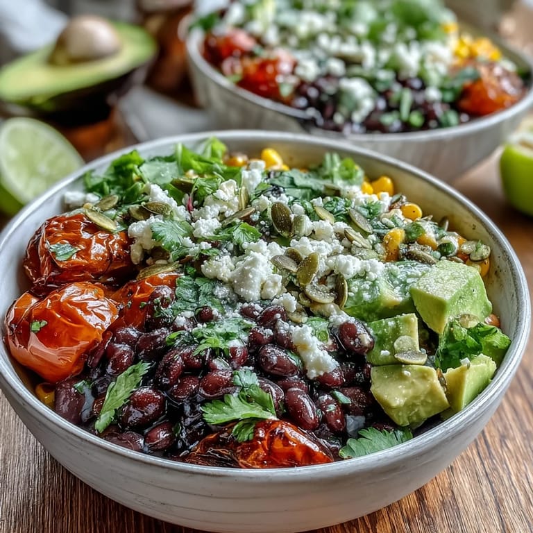 Two colorful bowls of Black Bean and Veggie Bowl with corn and diced avocado, ready to serve as a healthy vegan main dish.