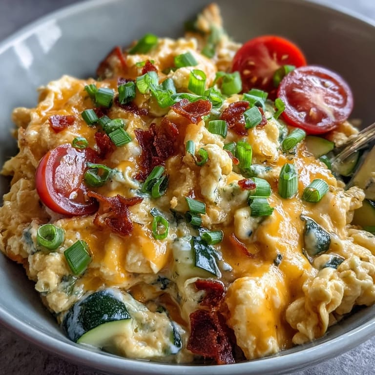 Wholesome scrambled egg and veggie bowl topped with seasonal vegetables and gooey melted cheddar.  