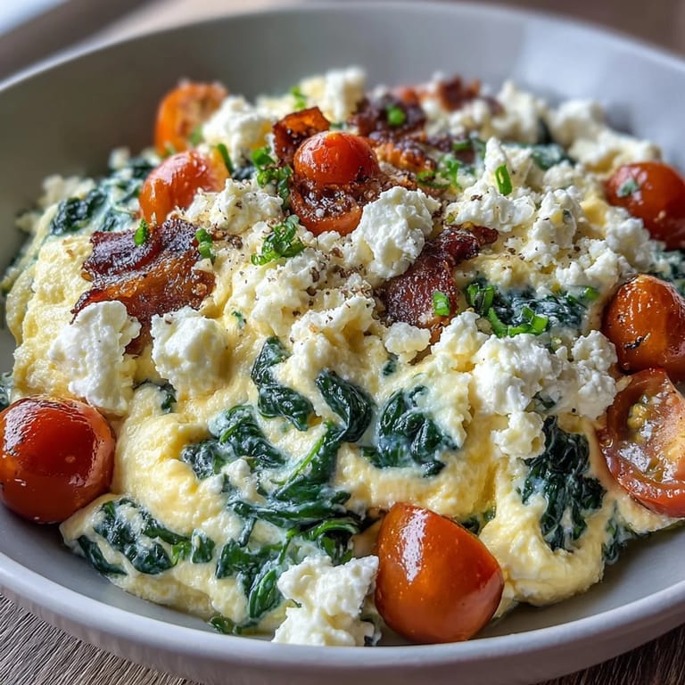 A nourishing spinach and feta breakfast bowl served with golden toasted bread, juicy tomatoes, and fresh parsley garnish.