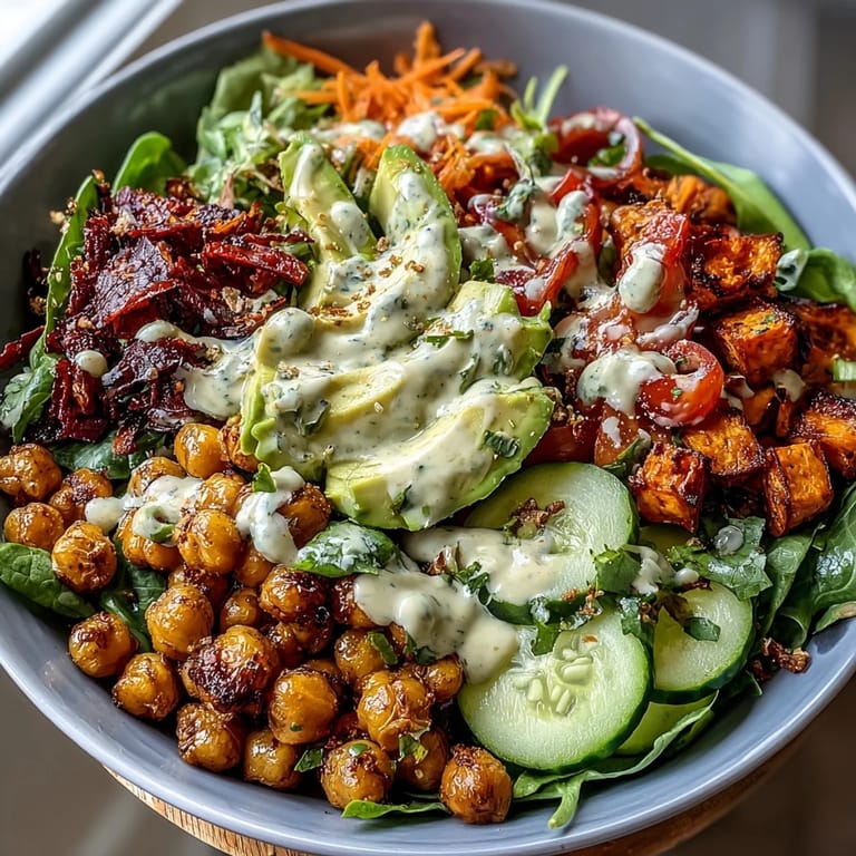 This colorful breakfast buddha bowl features mixed greens, avocado slices, cherry tomatoes, and golden roasted sweet potatoes topped with crunchy chickpeas.