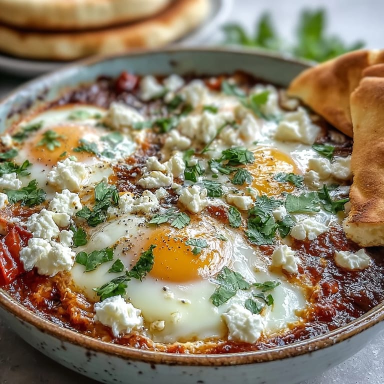 Hearty shakshuka bowl with perfectly poached eggs simmered in bold Middle Eastern spices, paired with soft, toasted pita.