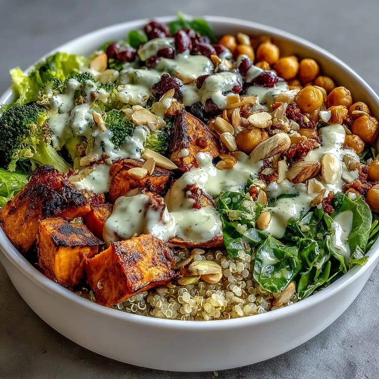 Wholesome vegetarian power bowl layered with quinoa, black beans, chickpeas, and colorful roasted veggies for a nutritious lunch.  