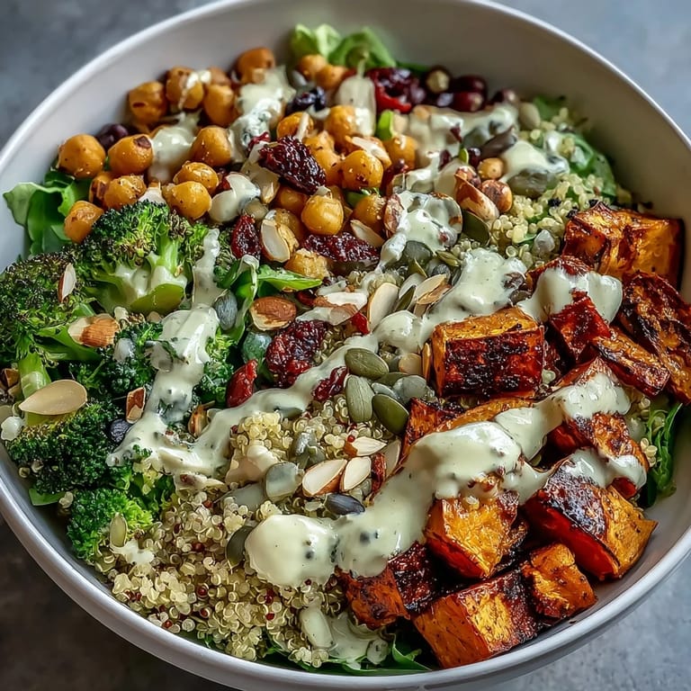 Hearty vegan power bowl featuring fluffy quinoa, roasted broccoli, and fresh greens drizzled with creamy tahini dressing.