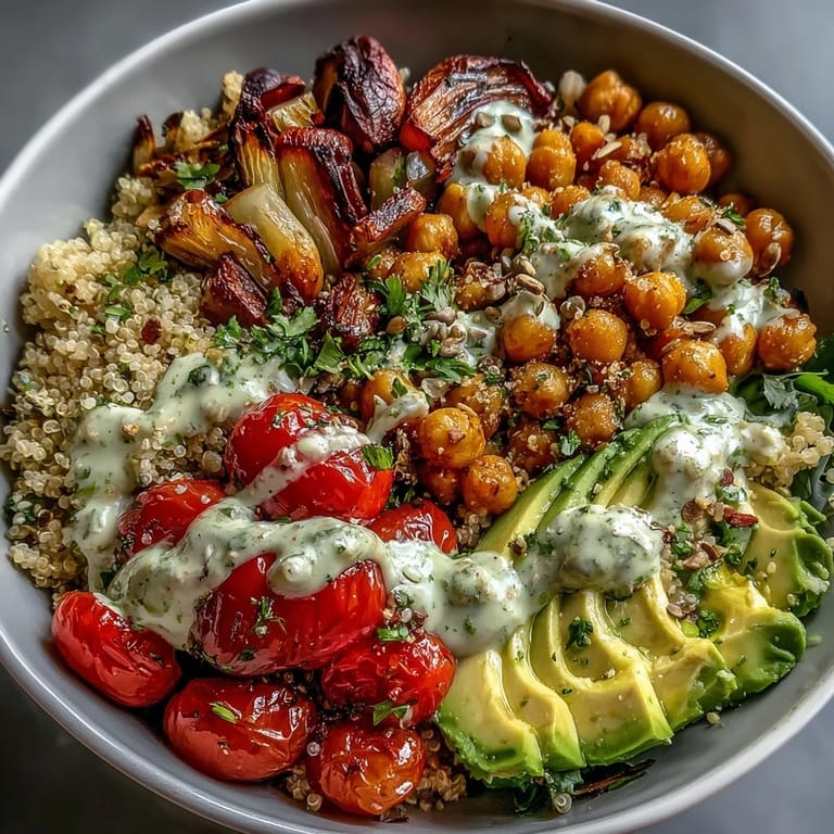Spiced roasted chickpeas, sweet potatoes, and avocado slices served over grains in a colorful Chickpea Power Bowl with fresh herbs.