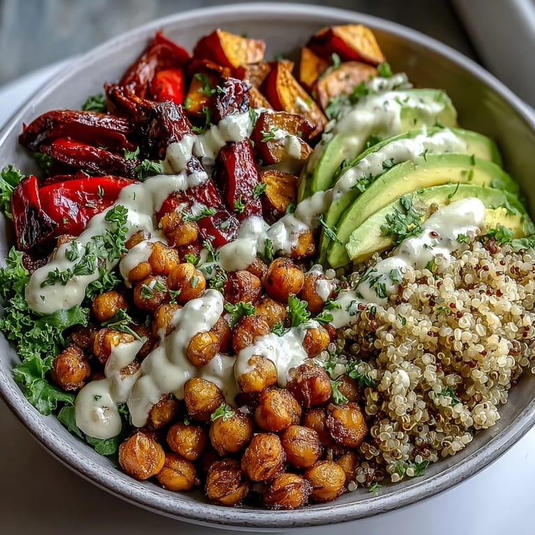 Vibrant Mediterranean-inspired power bowl with smoky chickpeas, roasted sweet potatoes, bell peppers, and a zesty lemon tahini drizzle.