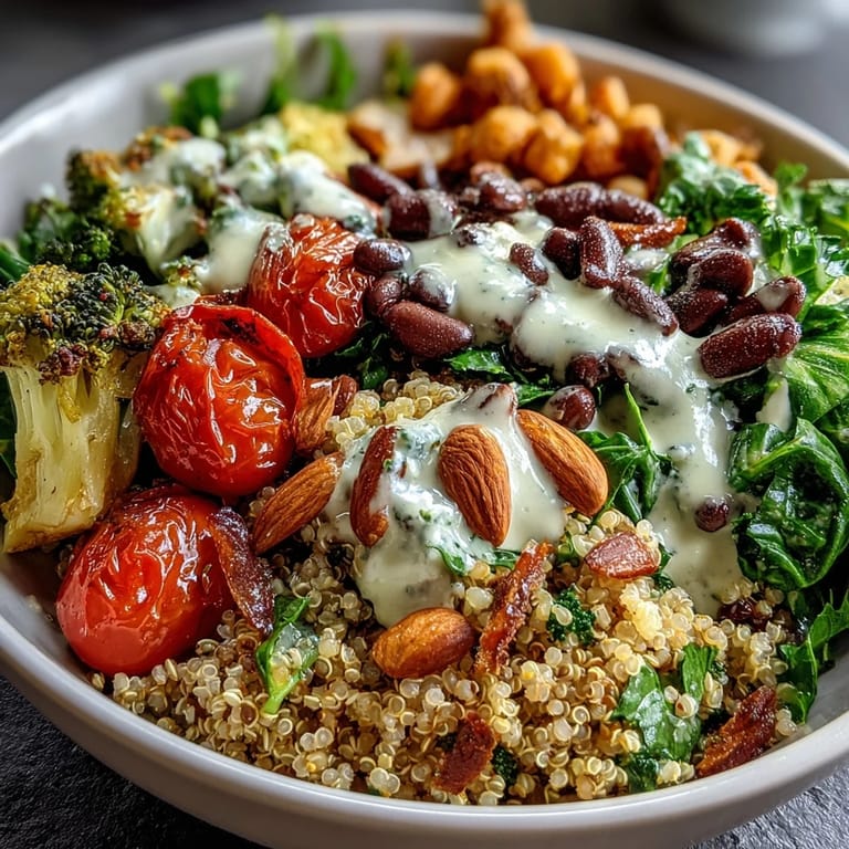 Colorful and nourishing quinoa power bowl featuring roasted zucchini, bell peppers, carrots, and protein-rich beans, topped with nuts and seeds.  