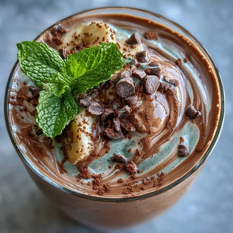 Mint chocolate protein shake with rich cocoa and cool peppermint, topped with mini chocolate chips and fresh mint leaves.  