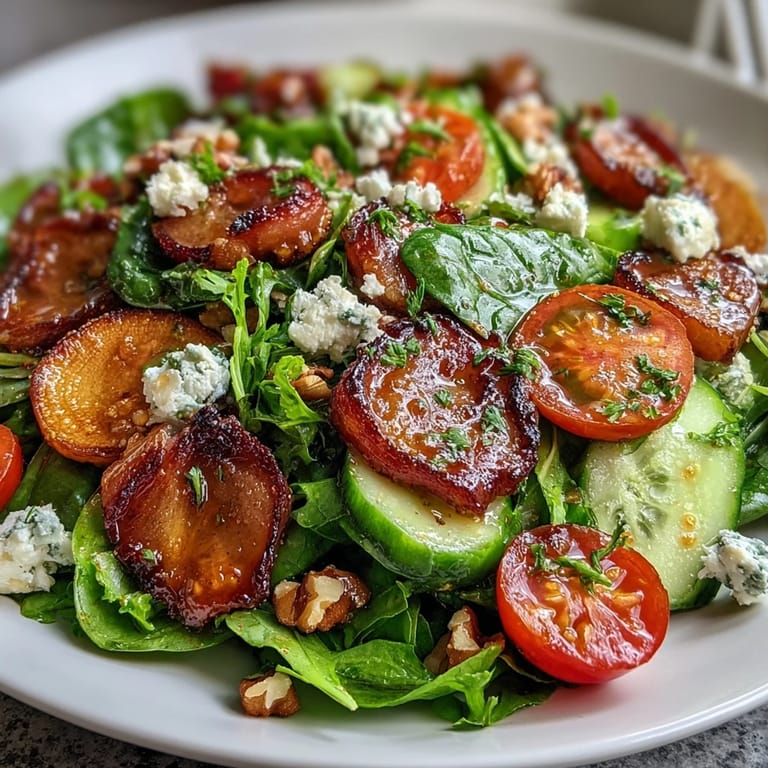 Light and colorful spring greens salad featuring honey mustard dressing, crisp vegetables, and optional nuts for added texture.