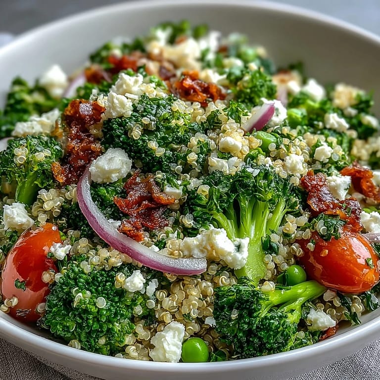 Healthy vegetarian grain bowl with nutty quinoa, crisp broccoli, green peas, and creamy feta, perfect for a light lunch or dinner.