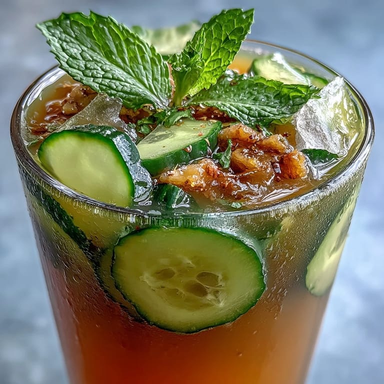 Crisp cucumber, sweet apple, and zesty ginger blend into a revitalizing detox juice, served over ice with lemon.